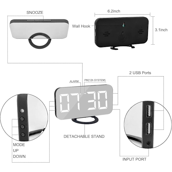 Digital väckarklocka, spegelyta LED elektroniska klockor, med USB-laddare, snooze-modell