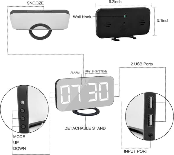 Digitalt vækkeur, spejflade LED-vækkeure, med USB-oplader, snooze-model