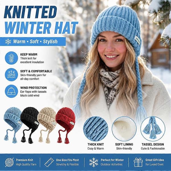 Koreansk stickad balaklava för kvinnor, varm vintermössa med öronlappar, polyester, justerbar Red