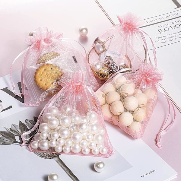 100 stk. 4x4,72 tommer gennemsigtige organzaposer. Blush Pink bryllupsgaveposer