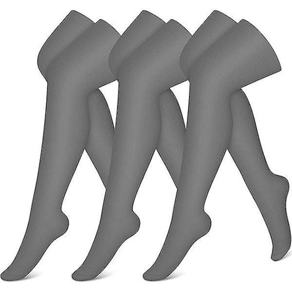 Kompresjonsstrømper (3 par) Kne-High kompresjonsstrømper for kvinner og menn Strømper for løping, sykling, atletisk-Small-Medium/Grå/Grå/Grå