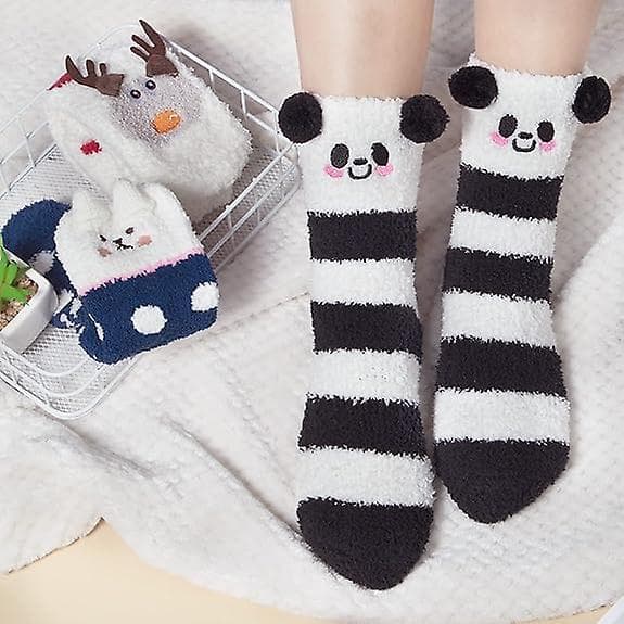3 par bløde sokker til kvinder - Vintervarme, bløde hjemmesko til sovetid - Søde dyresokker - Hjorte + Panda + Bjørn / Størrelse: One Size