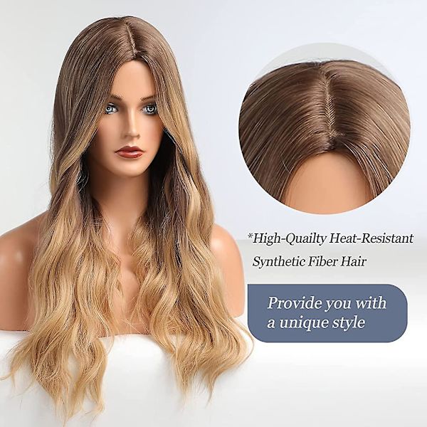 Lång lockig peruk för kvinnor Ombre mörkbrun till blond peruk naturlig look