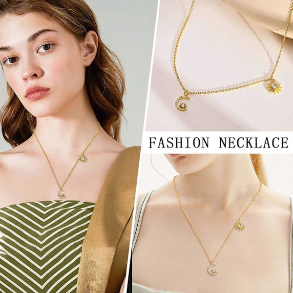 Månhalsband för kvinnor, Bling AAA CZ Sten Stjärna Solberlock Halsband, Guld Färg Hänge, Chic Fint Flickhalsband