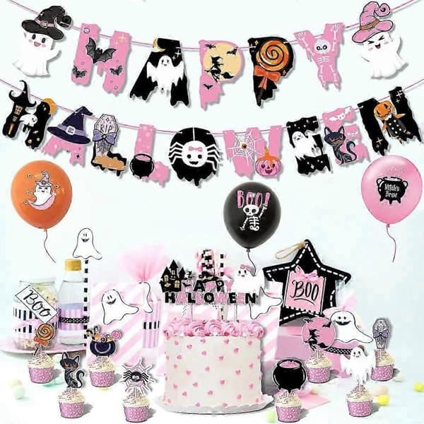 Lyserøde spøgelsestema Halloween-dekorationer (43 dele): Banner og balloner til en efterårs-babyshower