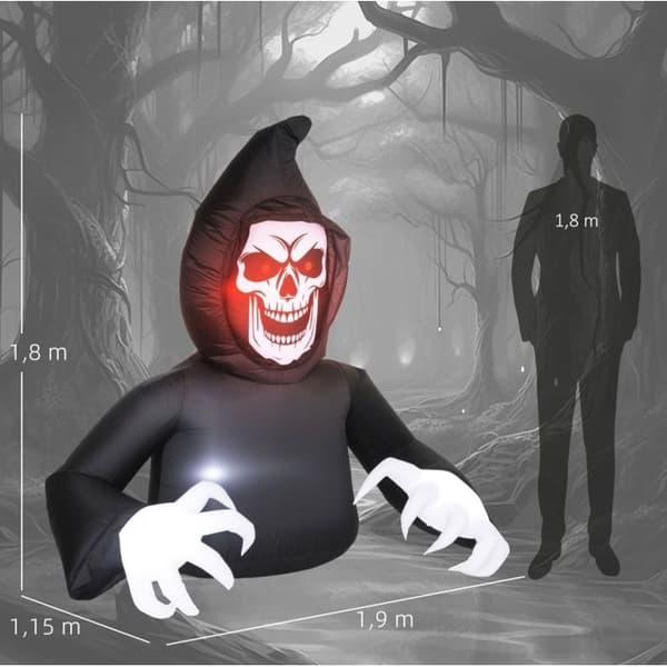 Sensenmann LED oppustelig Halloween-dekoration med blæser til haven, lavet af sort polyester, 190 × 115 × 180 cm