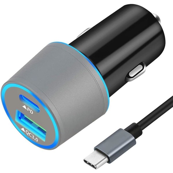 Snabb USB C billaddare, 30w power och Quick Charge 3.0 biladapter med Quick Charge C-kabel 3,3 fot (grå)