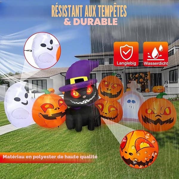 2,4 m oppusteligt Halloween-græskar med spøgelse og sort kat | 8 fod oppustelig græskarvægdekoration