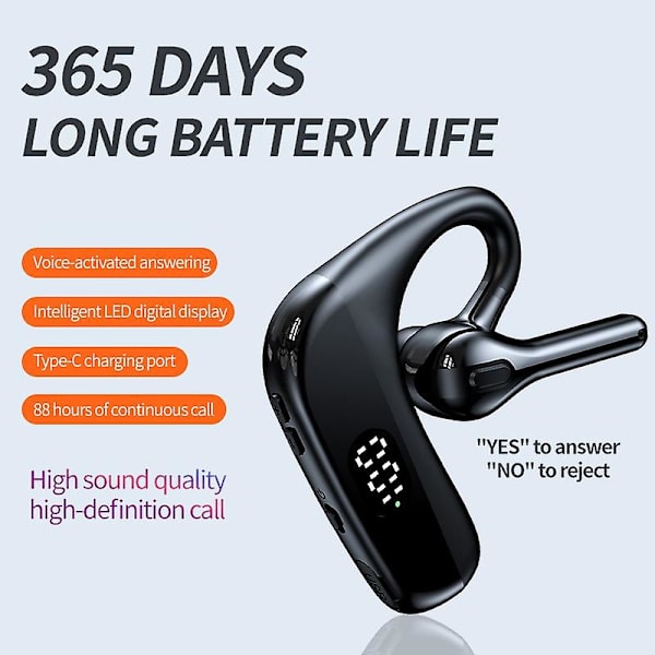 Bluetooth-headset med mikrofon, vattentätt headset, sport-headset, trådlöst affärsheadset, LED-displayheadset, enkelöronsheadset