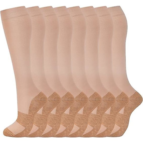 8 Pairs Compression Socks for Men & Women 20-30 mmHg Knee High Nurse Pregnant Running Medical and Travel Athletic-nude Copper/S-M