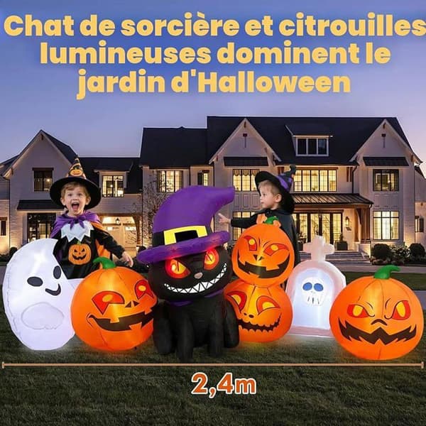 2,4 m oppusteligt Halloween-græskar med spøgelse og sort kat | 8 fod oppustelig græskarvægdekoration
