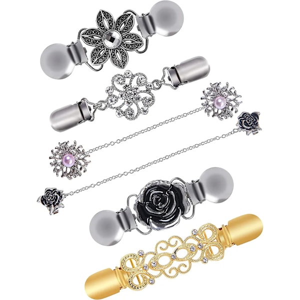 6 stycken retro koftklipp, tröjklipp, krageklipp, antika blommönster, halsduksklipp, klänningar, sjal, för kvinnor, flickor