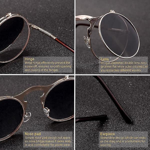 Retro Steampunk Fällbara Solglasögon Runda Ramar Fällbara Solglasögon Herr och Dam Trendiga Glasögon（C9）