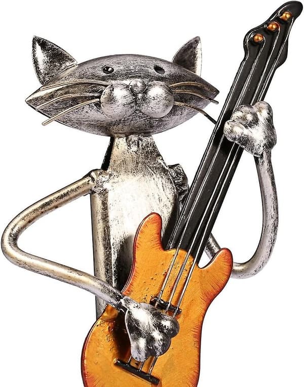 Metallskulptur av katt, dekorativa statyer, metallskulptur av katt som spelar gitarr