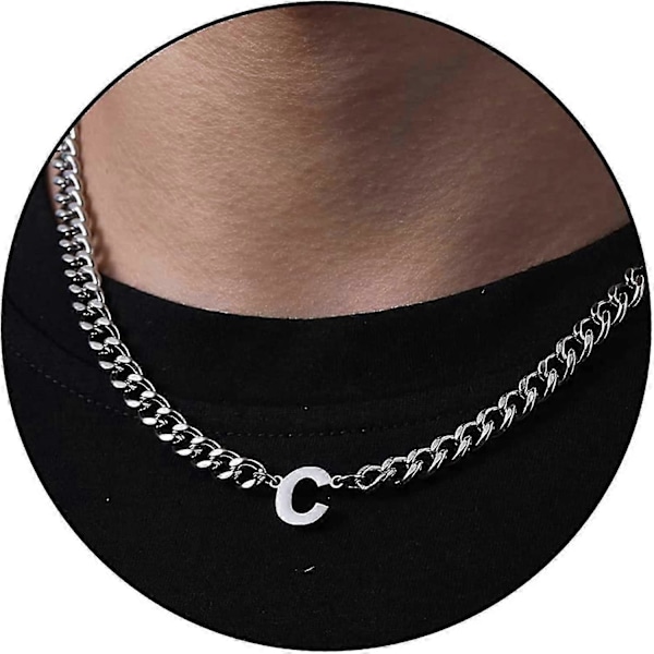 Initial A-z Kubansk Länk Halsband För Pojkar Män Kvinnor Bokstav Hänge Rostfritt Stål 6.5mm 18+2 Tum Smyckesgåva-Bra（Silver，C）