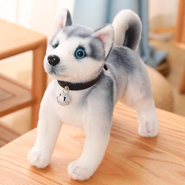 Söta Huskies gosedjur hund simulering-realistisk & livliknande valp docka presenter för flickor pojkar småbarn (30 cm stående med klocka)