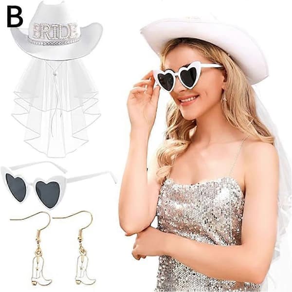 Brudeslør cowboyhat øreringe hjertebriller tredelt sæt slør cowboyhat white 1pcs
