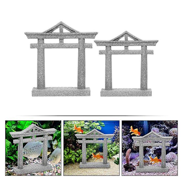 2 stk. japansk Shinto Torii-port fisketankdekorasjoner asiatisk akvarium Torii-statue (9,50 x 9,30 x 2,10 cm, grå)