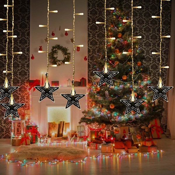 Strenglys Julegardinlys med 16 stjerner og 80 miniled, 3,5 meter, til festdekorasjon (C)