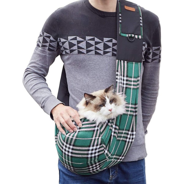Pet Sling Bag Klassisk Plaid Design Hunde Kat Taske Skulder Pet Carrier til killinger, små hunde, grøn