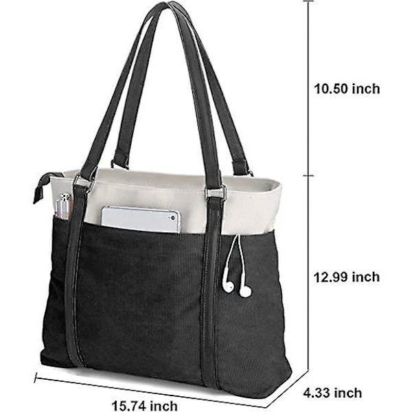 Dame Laptop Tote Bag for Work Lettvekt Splice Canvas 15,6 Tommers Håndveske, 1 stk, svart