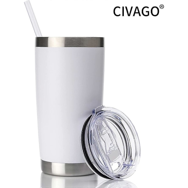 20oz Termosmugg med Lock och Sugrör, Rostfritt Stål Vakuum Isolerad Vatten Kaffe Termosmugg, Dubbelväggad Pulverlackerad Spillfri Resemugg Termisk C