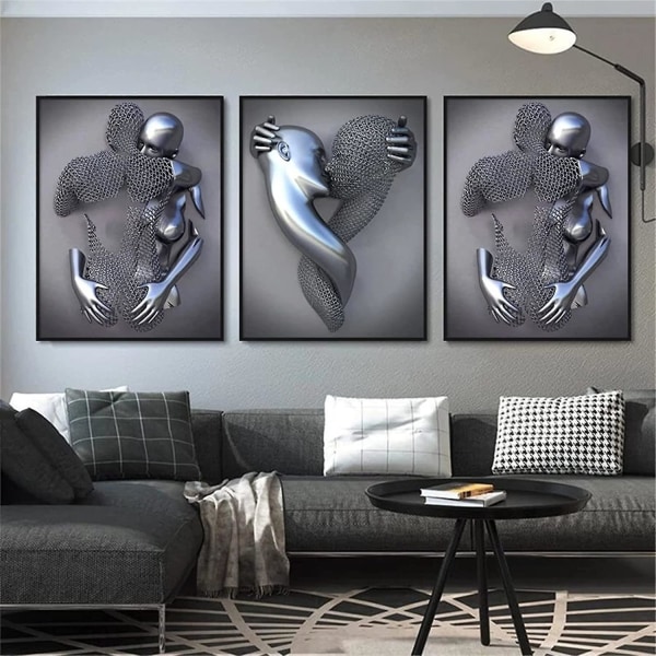 Konst Modern affisch Set med 3 - 3d metallfigur staty Konst Kärlek Hjärta Kyss Bilder Väggkonstdekoration - Utan ram - Väggdekoration Vägg Vardagsrum