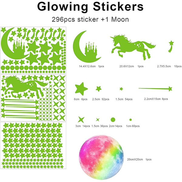 Lysende klistremerker, 297 lysende stjerner og måneklistremerker, fluorescerende takdekor klistremerker