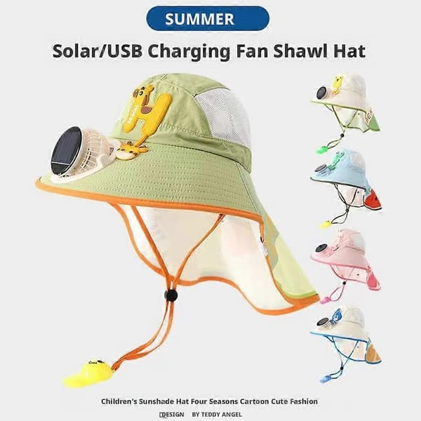 Solhat med solcelledrevet ventilator til børn, polyester, UV-solbeskyttelse med nakkeklap, 24 cm, justerbar Pink