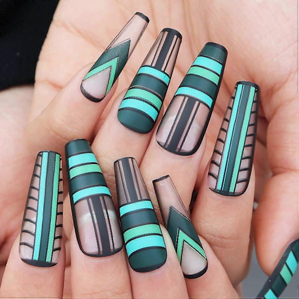 Matt Press-on Naglar Kista Clip-on Naglar med Geometrisk Design Långa Nagelkonsttips Grön Statiska Naglar för Kvinnor och Flickor. Obs: Inget lim.