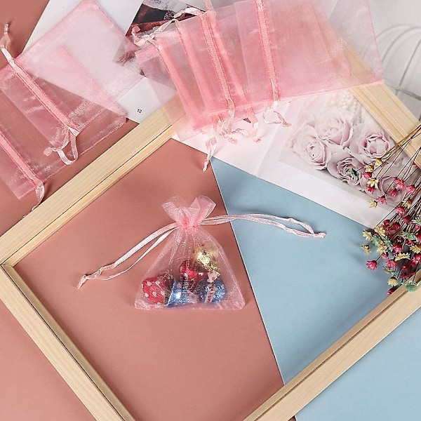 Blush Pink Organzaposer 3x4 Tommer 100stk, Net Gaveposer Smykkeposer