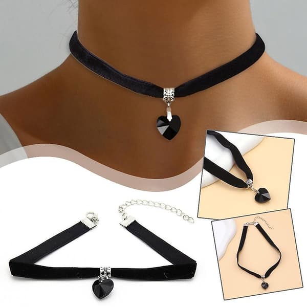 Kvinde Mode Smykker Hjerte Choker Halskæde Krystal Vedhæng Blonder Hjerte Halskæde（Som vist）