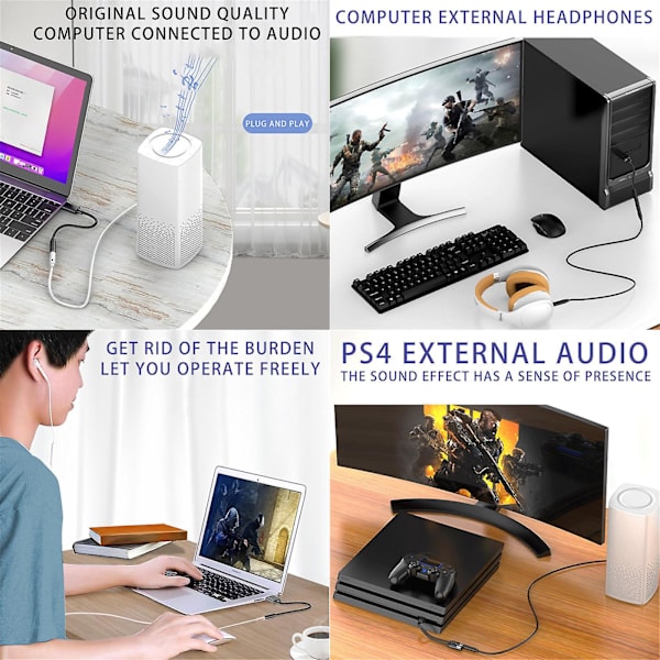 USB til 3,5 mm lydkontakt adapter USB til AUX lydkontakt ekstern stereolydkort for hodetelefoner høyttaler for PS-serien, PC, bærbar PC, stasjonære datamaskiner linjelengde