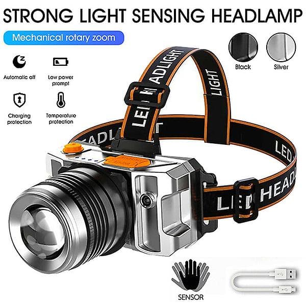 Hodelykt, Smart Sensor, Hodelykt, USB-oppladbar, LED-hodelykt, Super Bright, Hodelykt, Hodelykt, Campinglys, Lommelykt A