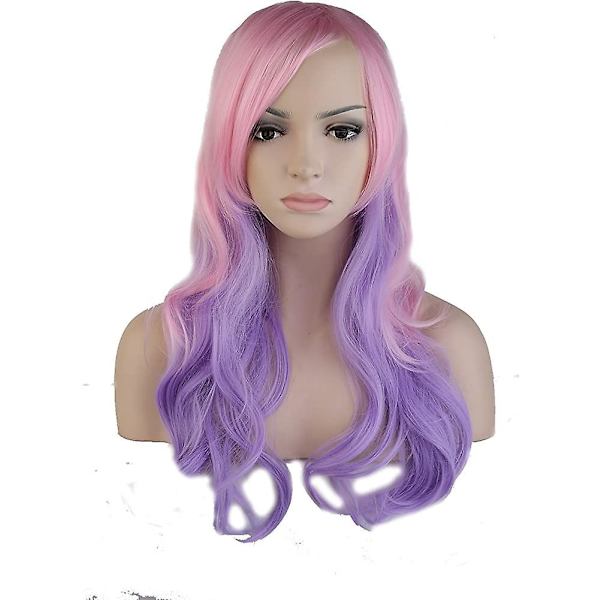 Sexig dam full peruk 19\" lockig mix rosa lila hår peruk naturlig färg daglig fest Acsergery present