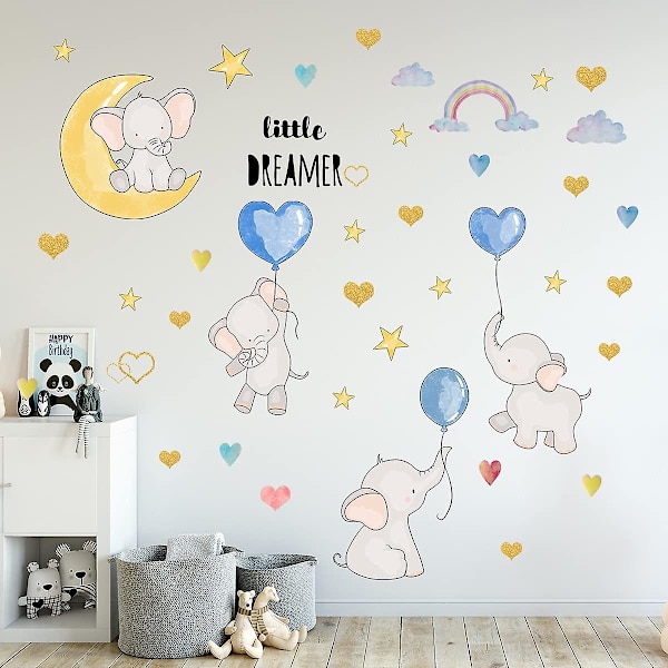 Flygande Baby Elephant Väggdekaler, Cartoon Cute Lovely Elephant med Moon Hearts and Stars Vägg Stick
