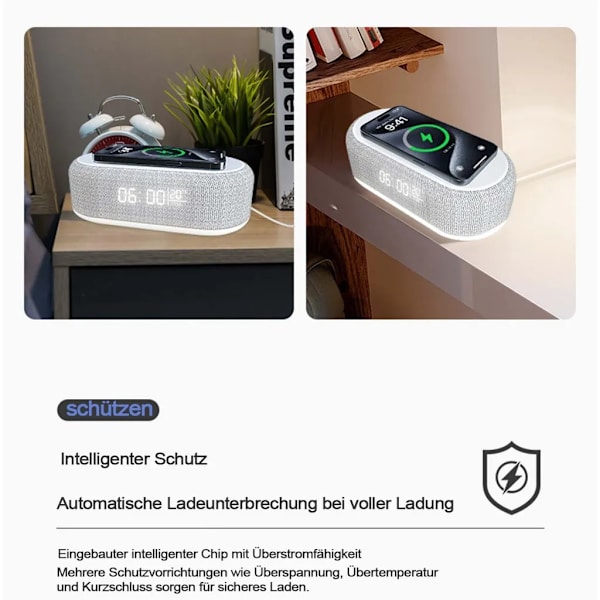 Digital väckarklocka med trådlös laddning, multifunktionell väckarklocka med temperaturvisning, nattlampa, högtalare, svart
