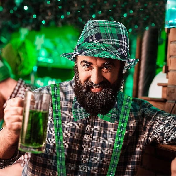 3 kpl Pyhän Patrickin päivän hattu Vihreä ruudullinen kangas Fedora hattu Rusetti ja henkselit Pyhän Patrickin päivän asusteet