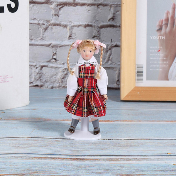 1:12 Dockhusdocka Miniatyrporslin Lång Fläta Röd Klänning Flicka Mini Leksak Dockmodell Röd