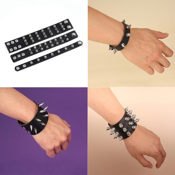 Sort armbånd i sort læder med nitter og spænder (3 stk.)