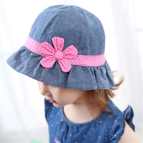 Dww- 2 stk. jente denim solhatt for baby barn polka dot bånd og magenta blomst fiskehatt vår og bomullshatter