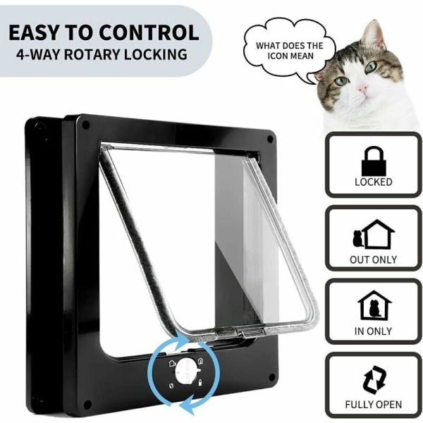 Magnetisk 4-vägs kattlucka Enkel installation kattlucka för alla husdjur Manuell skjutdörr för husdjur på vägg/trä/UPVC-dörr (svart, medium)