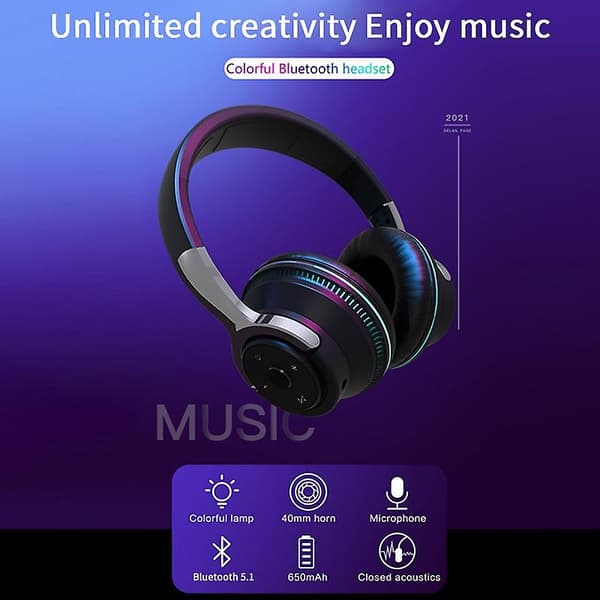 Professionellt spelheadset Färgglad LED-ljus Bluetooth-headset Fällbart Bluetooth-headset med mikrofon Bas Stereo Surround Gaming Headset Suppor