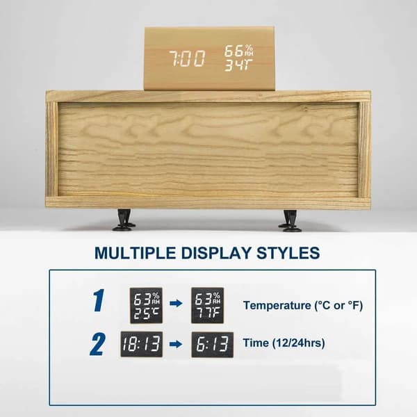 Digital Väckarklocka med Trä-LED-Display, 3 Alarm Inställningar, Luftfuktighets- och Temperaturdetektering, Sovrumsklocka