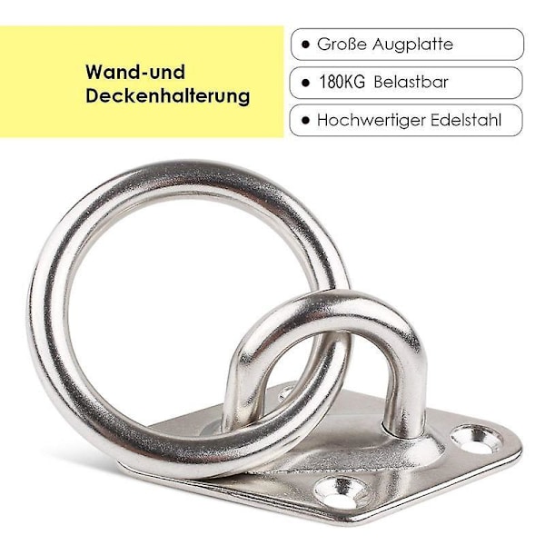 2 stk. 80 mm x 50 mm monteringskrog til væg eller loft med rund ring i rustfrit stål - beslag / fastgørelse til slyngetræner, hængekøje