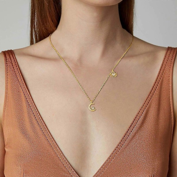 Månhalsband för kvinnor, Bling AAA CZ Sten Stjärna Solberlock Halsband, Guld Färg Hänge, Chic Fint Flickhalsband