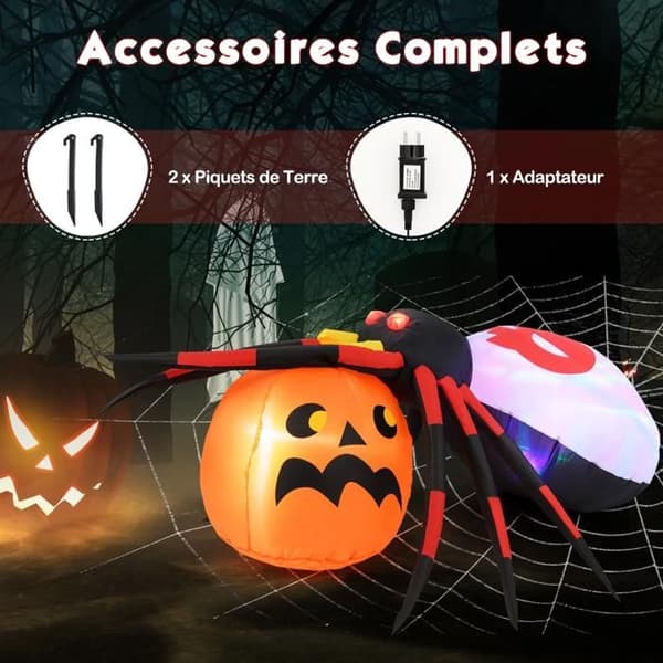 Oppblåsbar Halloween-edderkopp med gresskar, LED-belysning og roterende lys, utendørs hagedekorasjon