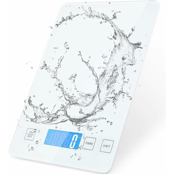 15 kg køkkenvægt i hærdet glas Elektronisk madvægt Præcisionsvægt Premium vandtæt hærdet glasplade Smart Touch Control (hvid)