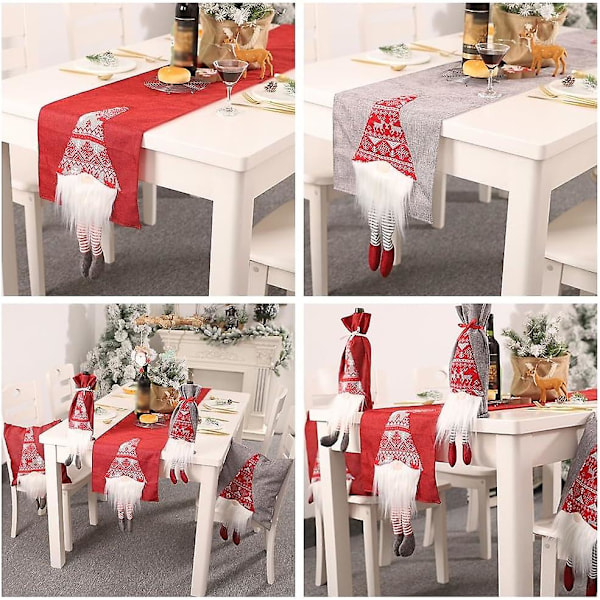 Rektangulär Bordslöpare i Linne Jul Tomte Dvärg Mönster Grå 33x180cm-b