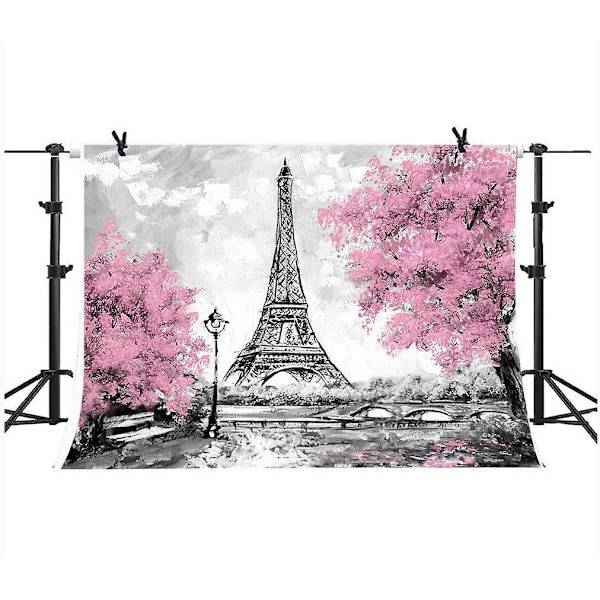 9x6ft Paris Eiffeltornet Bakgrund för Fotografering Rosa Blommor Träd Fotoälskare Bröllop Studio Rekvisita Bakgrund Banner Vinyl